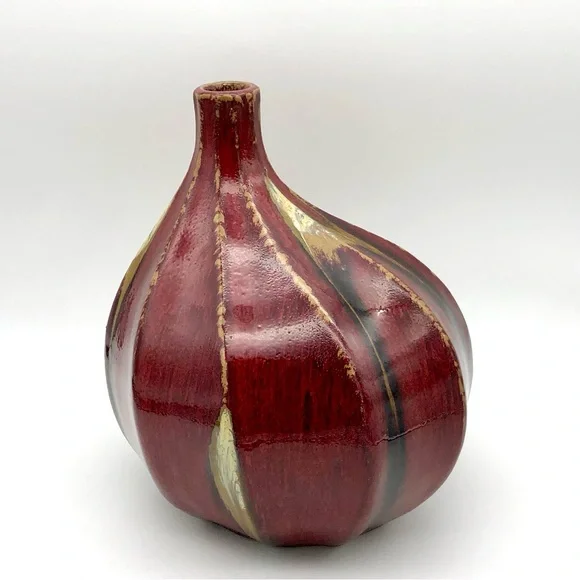 Studio Pottery Glazed Gourd Vase Chinese Oxblood Flambé Style Signed On Bottom